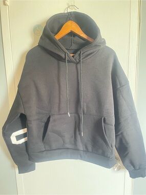 New Black Pullover Women’s Hoodie with White Lettering Size L
